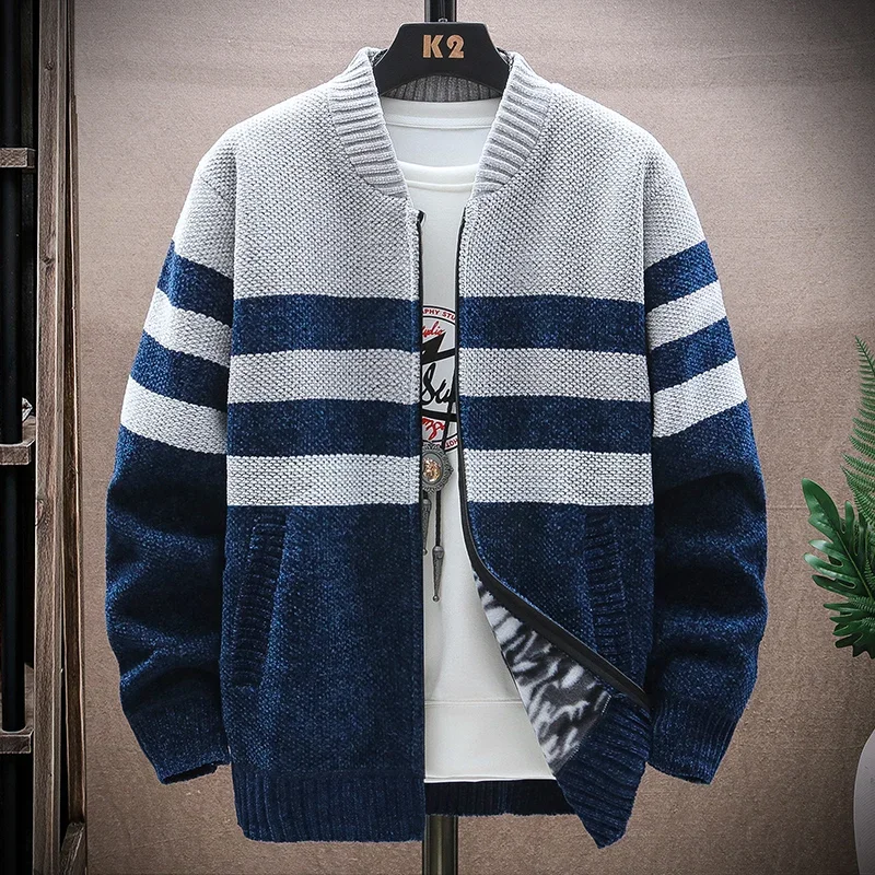 Outdoors Men Casual Baseball Collar Tops New Stripe Fashion Knitted Sweater Autumn Winter  Loose Versatile Cardigan Coats Men
