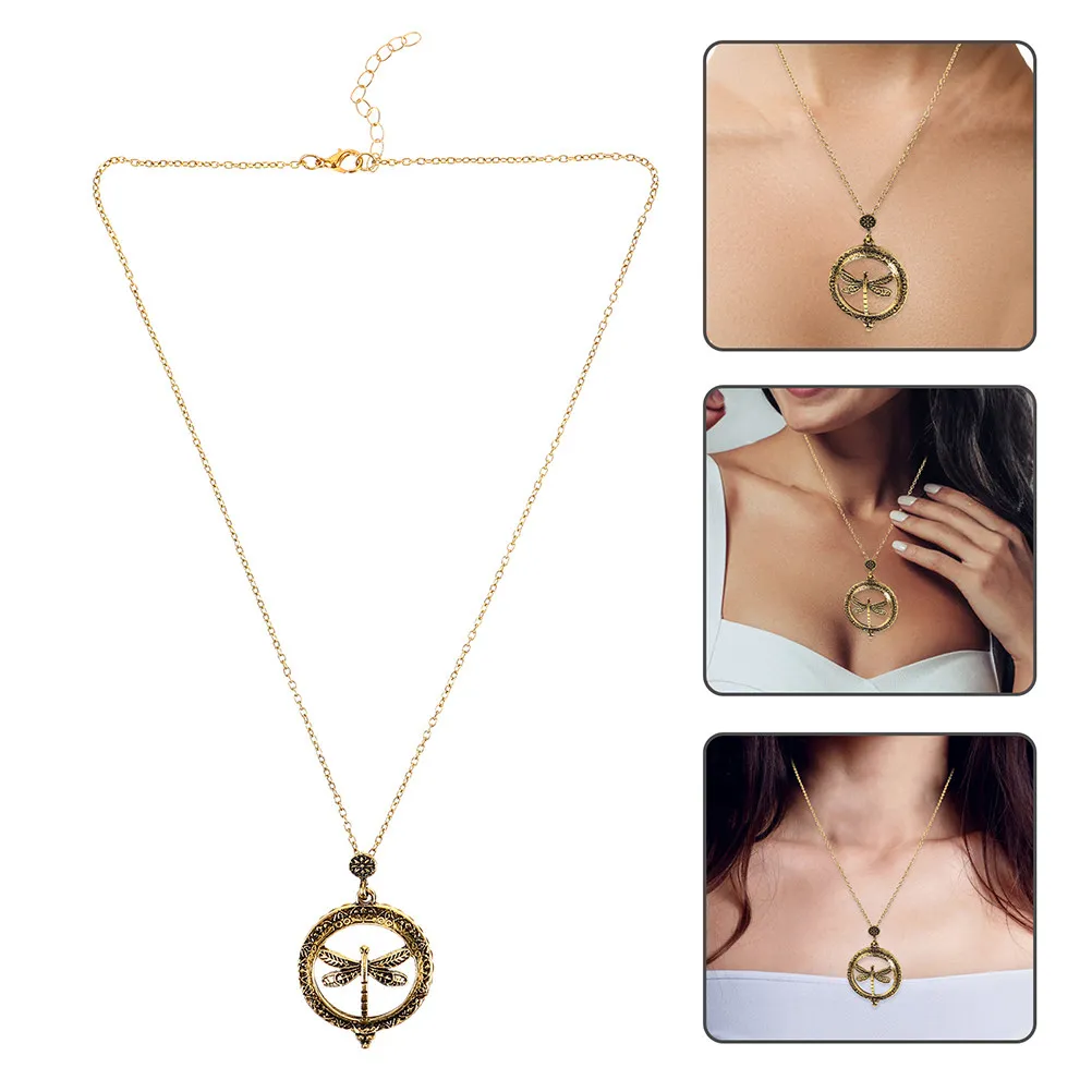 2Pcs Vintage Dragonfly Magnifying Glass Pendant Necklace 5X Lens Hollow Design Retro Jewelry for Women Fashionable Functional