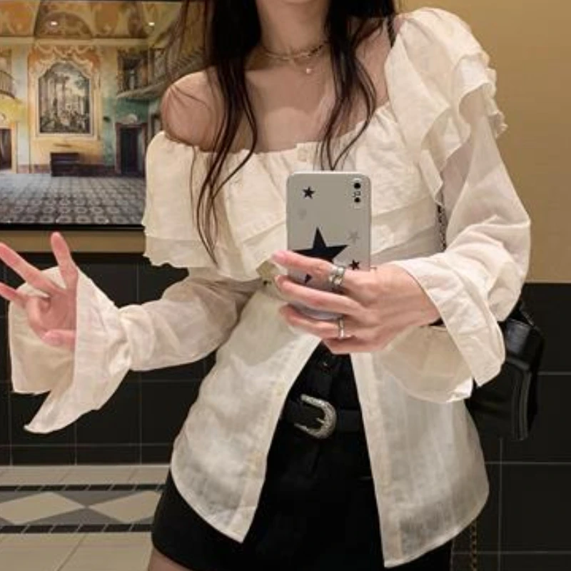 Ruffles Shirts Women Flare Sleeve Simple Fashion Slash Neck Ulzzang Solid Spring All-match Slim Casual Streetwear Cozy Female