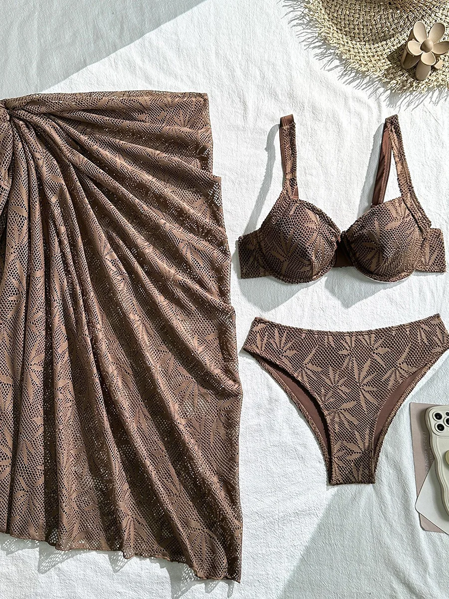 

Купальник-бикини из трех предметов с сетчатой юбкой-саронгом и бюстгальтером на косточках для женщин, пляжная одежда