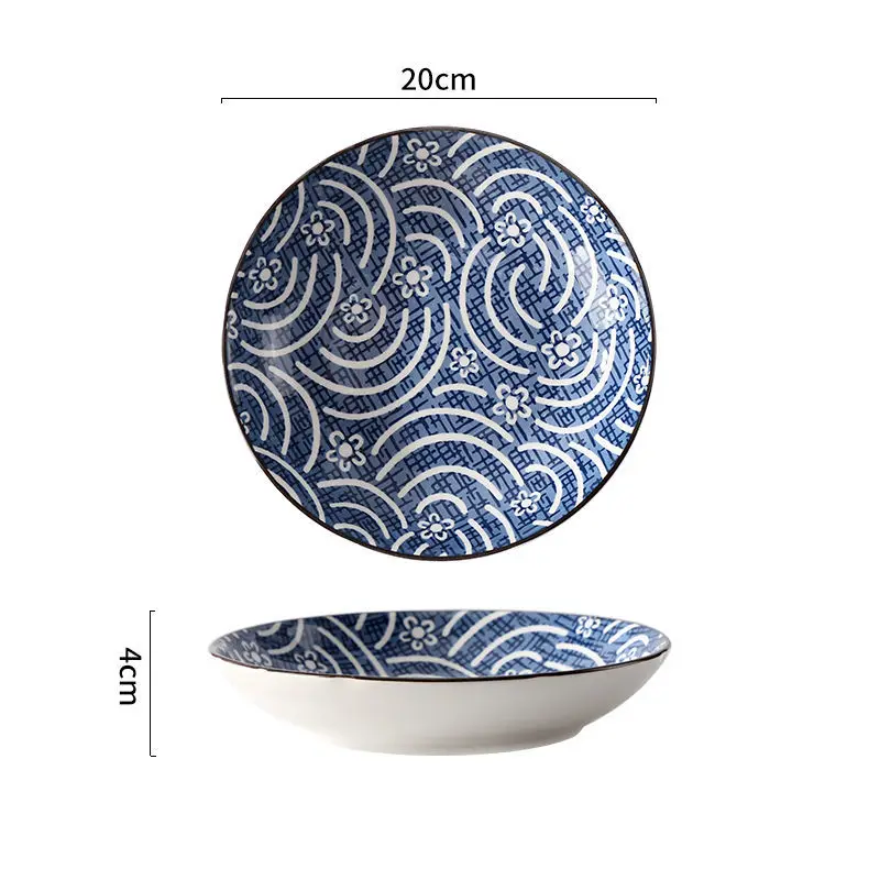 Underglaze Ceramic Round Dinner Plate, Japanese Style Plates, Dinner Dish Tray, Retro Home Decor, Kitchen Tableware, 8\