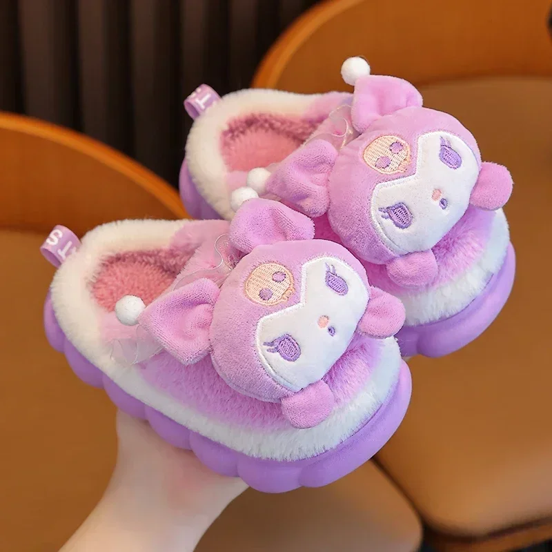 Winter Warm Cute Cartoon Indoor Mule Soft Non-slip Fluffy Slippers For Kids Teen Boys Girls Children Home Cotton Shoes Size 24-4