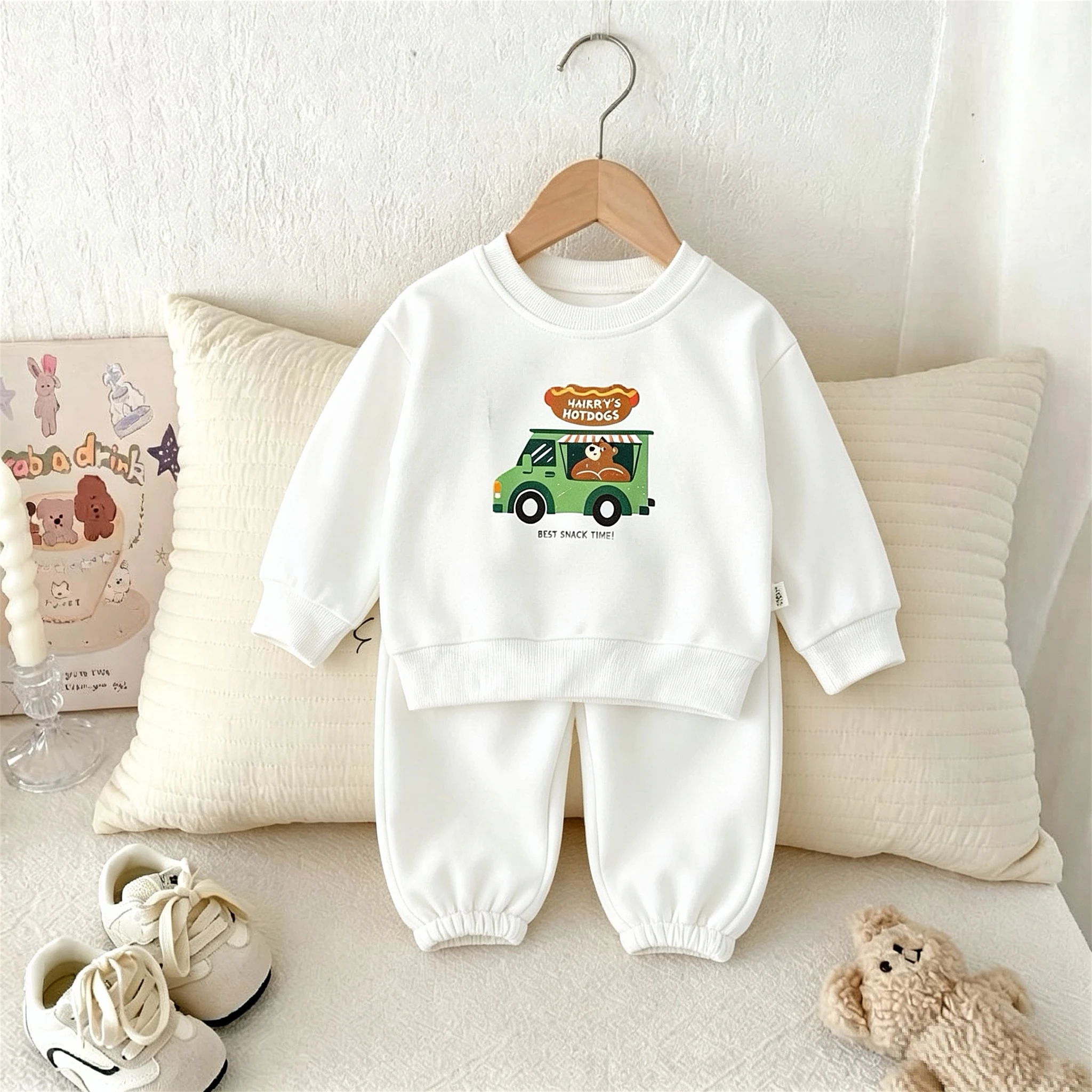 Simple Casual Kids Long Sleeved Suit Printed Cartoon Fashion Sweatshirts Set Baby Girls Boys Crewneck Hoodie + Sweatpant 2pc/set
