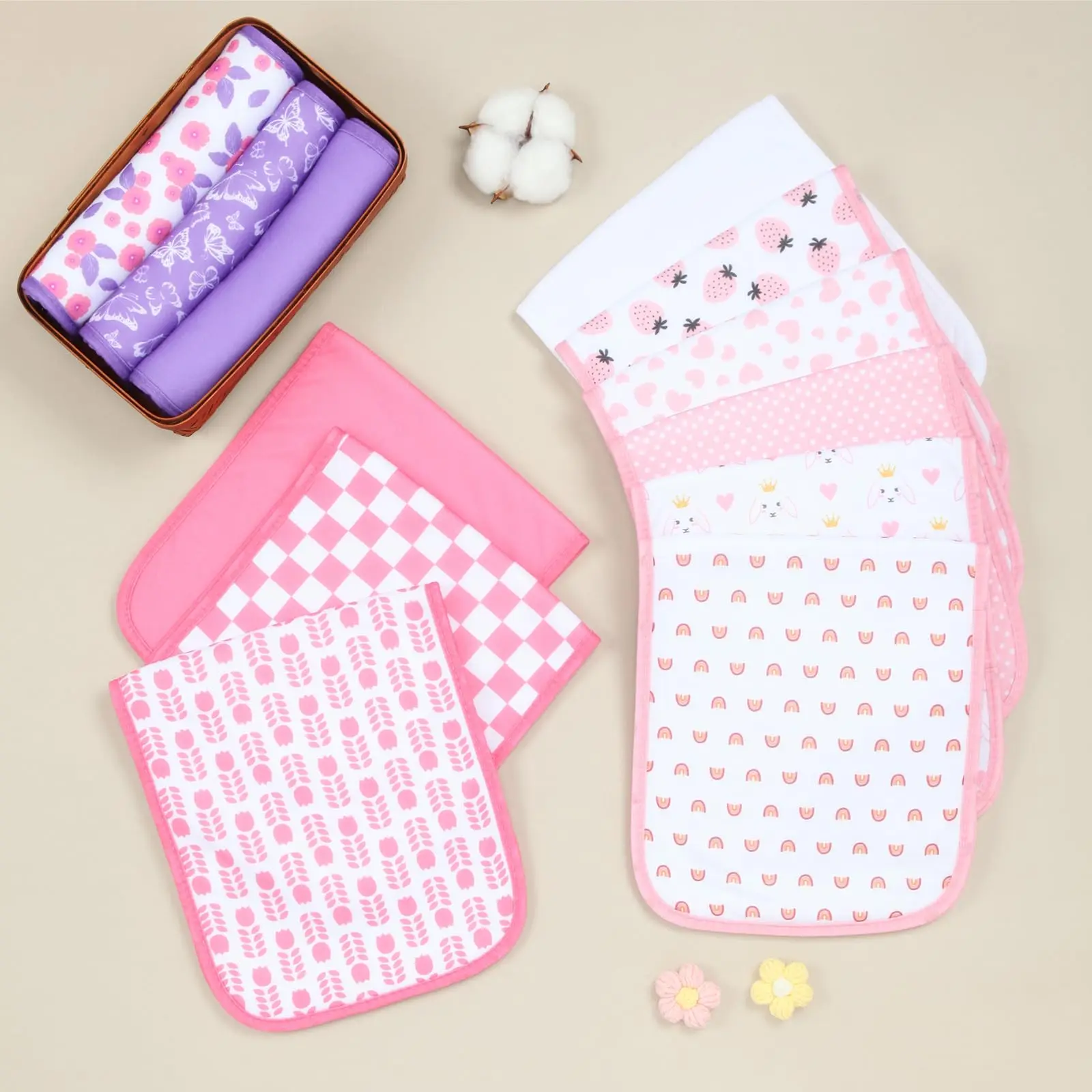 Benoxine 8-Pack Organic Cotton Baby Boys & Girls Burp Cloths Large 48 X 20 cm Soft Super Absorbent 2-Layer Burping Rags with Fleece Back Pre-Washed Multi-Use Towels for Feeding Spit-Up and Drooling for Newborn Infant 0-12 Months view 5