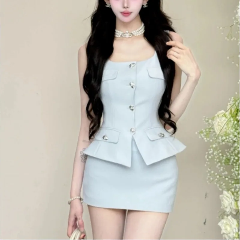 

Summer Elegant Women Two Piece Set Button Vest Top Mini Skirt Slim Fit Light Blue Suit Style Sleeveless Outfit for Party Office