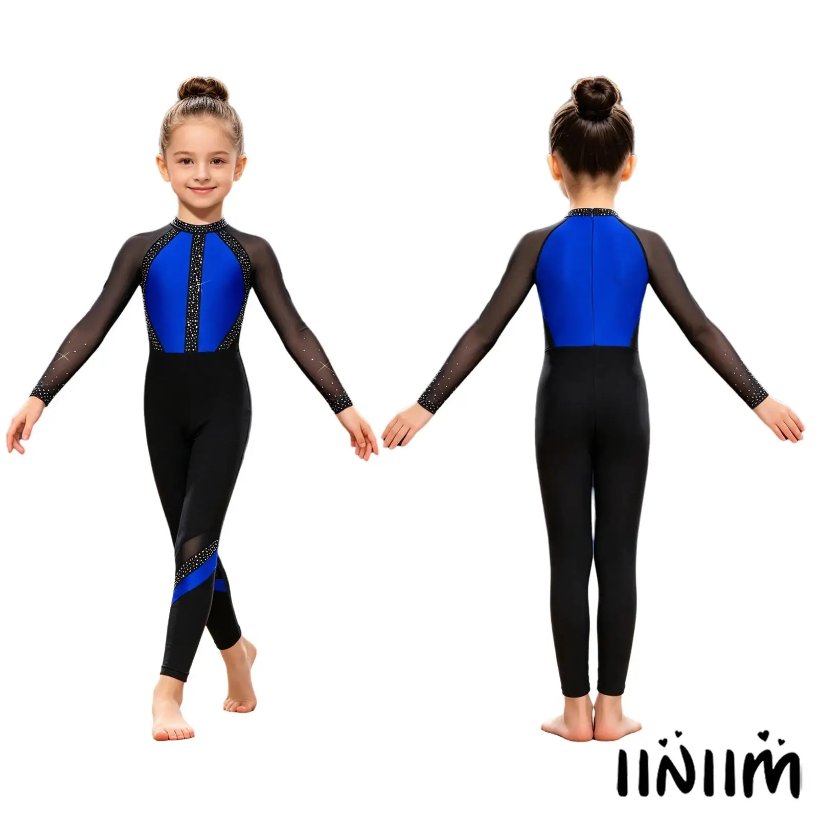 Girls Gymnastics Dance Jumpsuit Sparkling Rhinestones Ballet Full Body Leotard Mesh Splice Color Block Figure Skating Bodysuit
