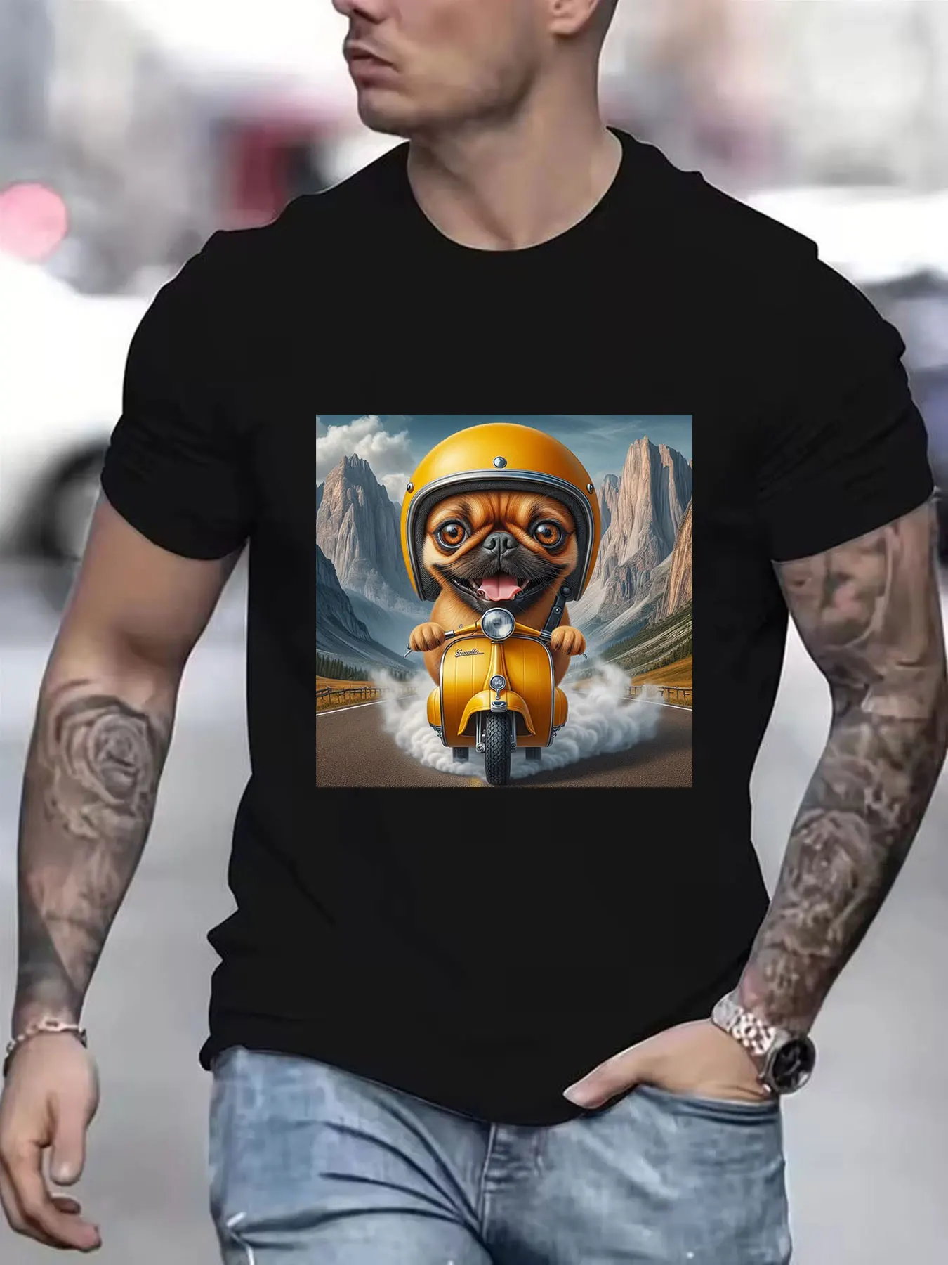 Men's Pure Cotton T-shirt, Cute Pug Riding Yellow Scooter on Mountain Road Print, Casual Breathable Short Sleeve Tee, Trendy Fun