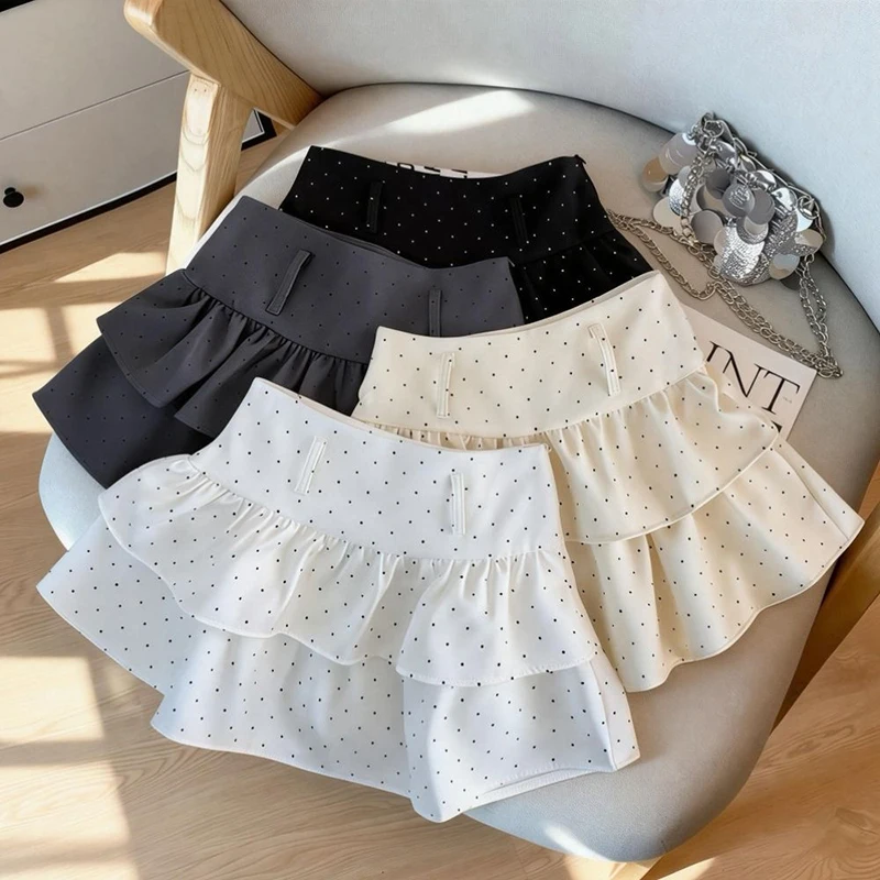 Sweet Polka Dots Mini Skirt Women Summer Preppy High Waist A Line Ruffles Skirts Korean Kawaii Student Sashes Harajuku Skirts