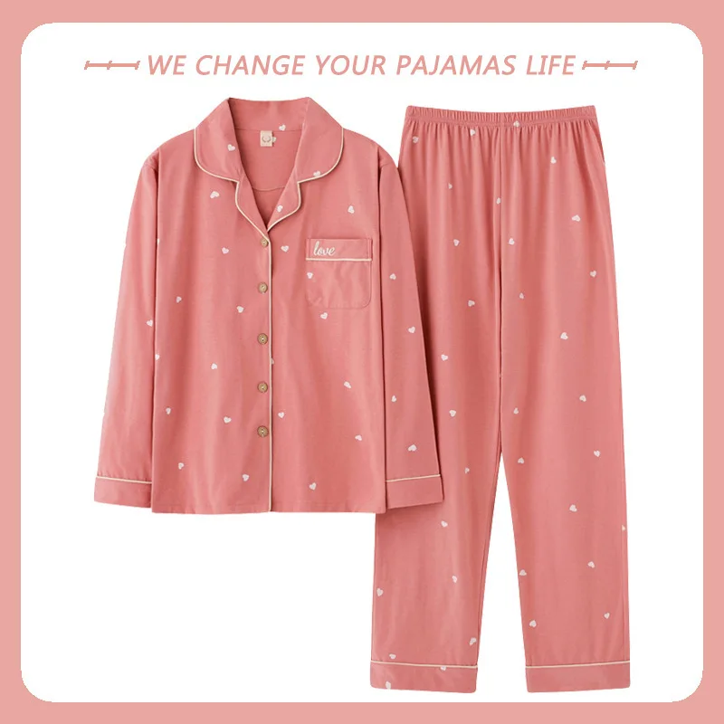 Cotton Pajamas Large Size Autumn Winter Long-Sleeved Home Wear Night Wear Woman Sexy Cardigan Love Pink Large Square Sleepwear