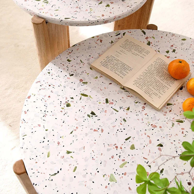 

Terrazzo coffee table living room household small apartment solid wood wabi sabi log color cream wind high and low combination