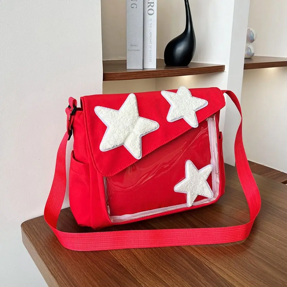 

Canvas Star Crossbody Bag Y2k Large Capacity Pentagram Shoulder Bag Transparent Pockets Solid Color Nylon Student School Bag