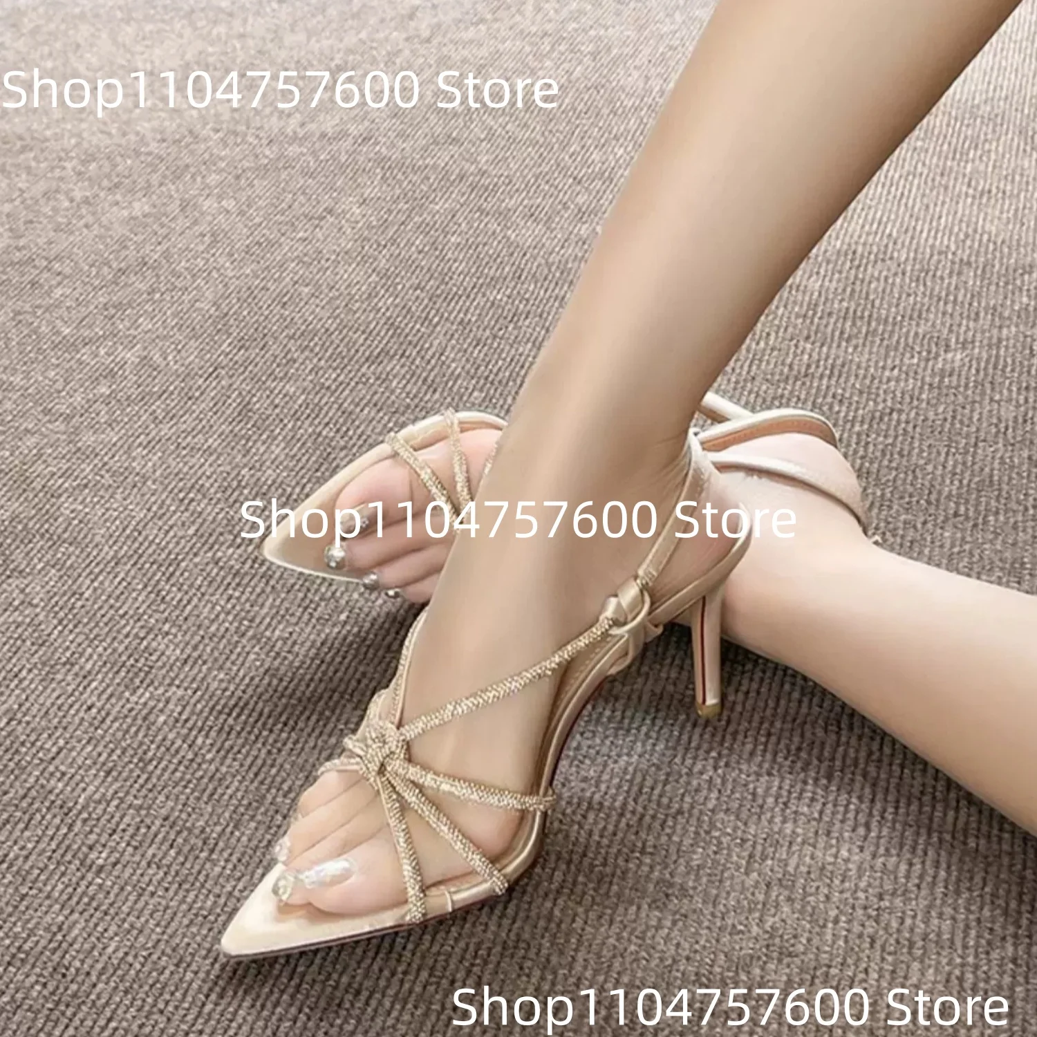 Women's Gold Glitter Rhinestone Encrusted Straps Pointed Toe Stiletto High Heel Sandals Elegant Luxurious Ladies Sexy Dress Shoe