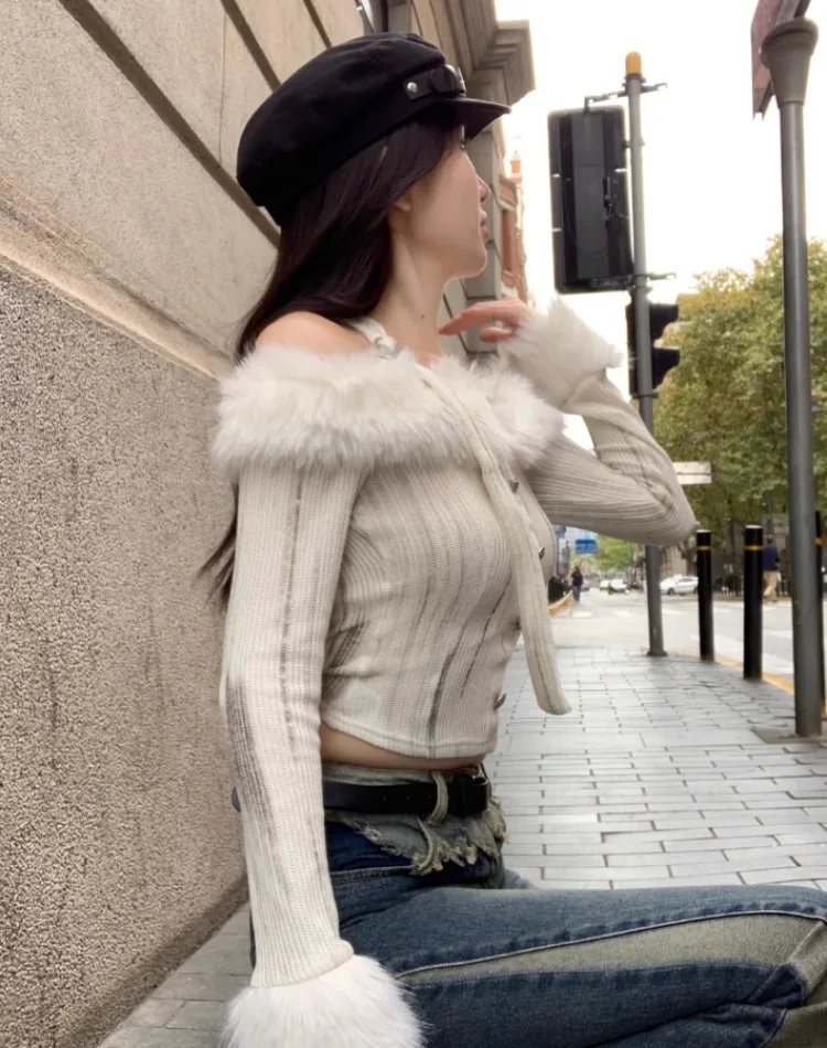 Autumn Winter Y2k Aesthetic Fluffy Sweater Slash Neck Off Shoulder Elegant Halter Crop Top Vintage Casual Fashion Pullover Women