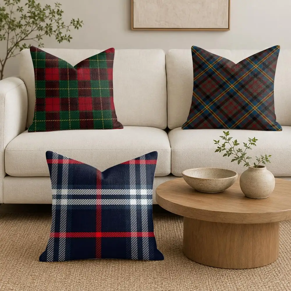 Christmas Plaid Cushion Cover Linen Pillow Case Organic Fabric Cushion Cover Double-Sided Print Sofa Home Decor