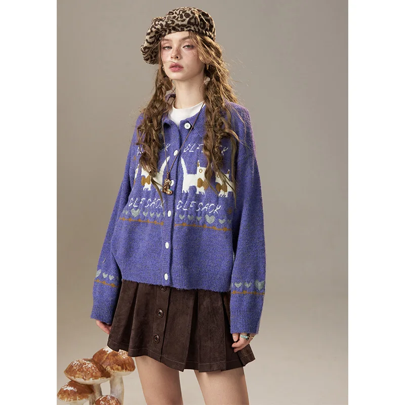 ELFSACK 2025 Jesień Nowości Uroczy Sweter Rozpinany z Dzianiny z Akcentami Kolorystycznymi, Dekolt w Serek, Luźny Krój dla Kobiet