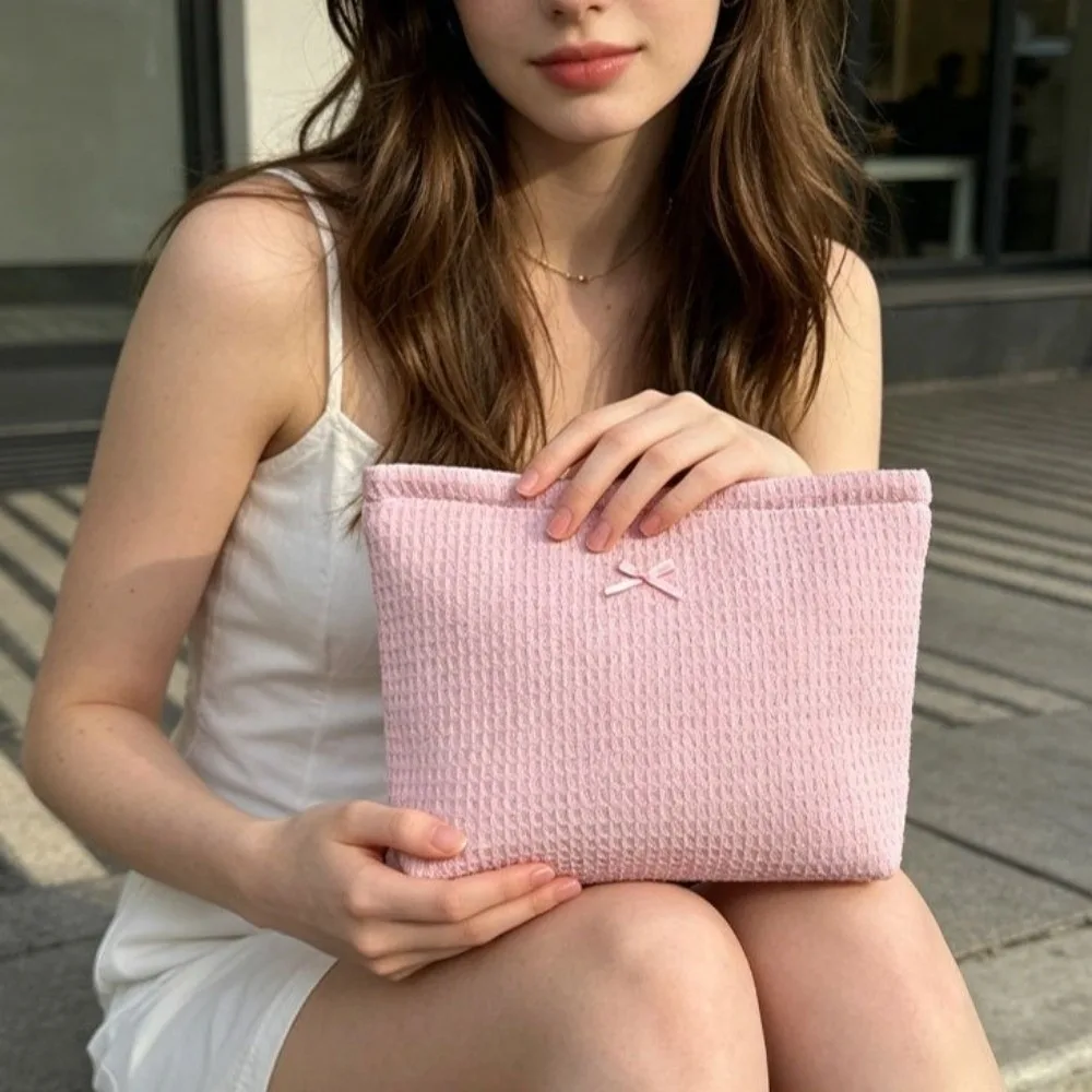 Cute Bow Decor Waffle Knit Makeup Bag Zipper Lightweight Cosmetic Bag Portable Polyester Toiletry Organizer Storage