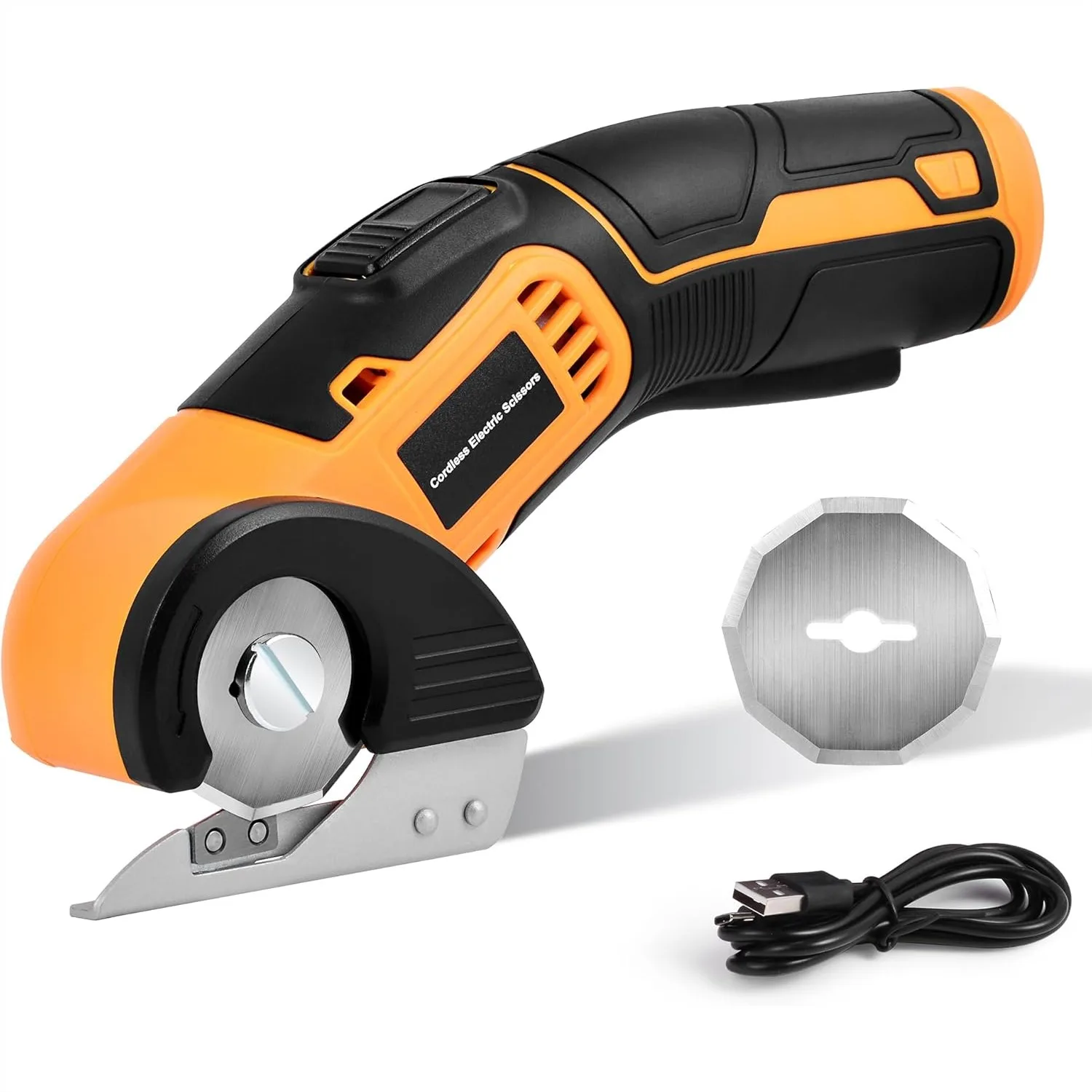 

Cordless Electric Scissors 4V Rechargeable Rotary Cutter With LED Light Safety Lock For Fabric Cardboard Leather Carpet PVC Boxes Yellow