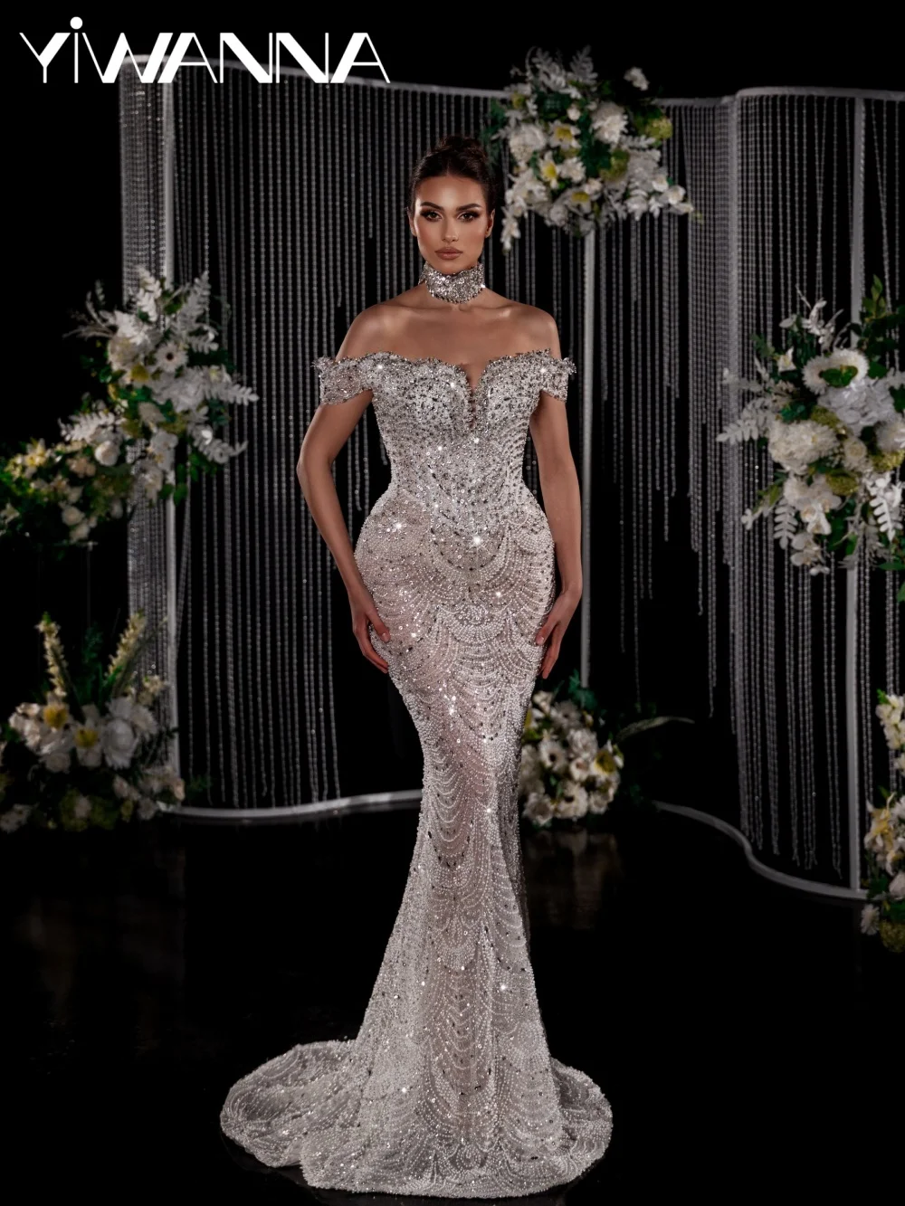 

Stunning Sparkly Pearls Crystal Wedding Dress Luxury Off Shoulder Mermaid Bridal Gown Customized Floor-length Dresses For Bride