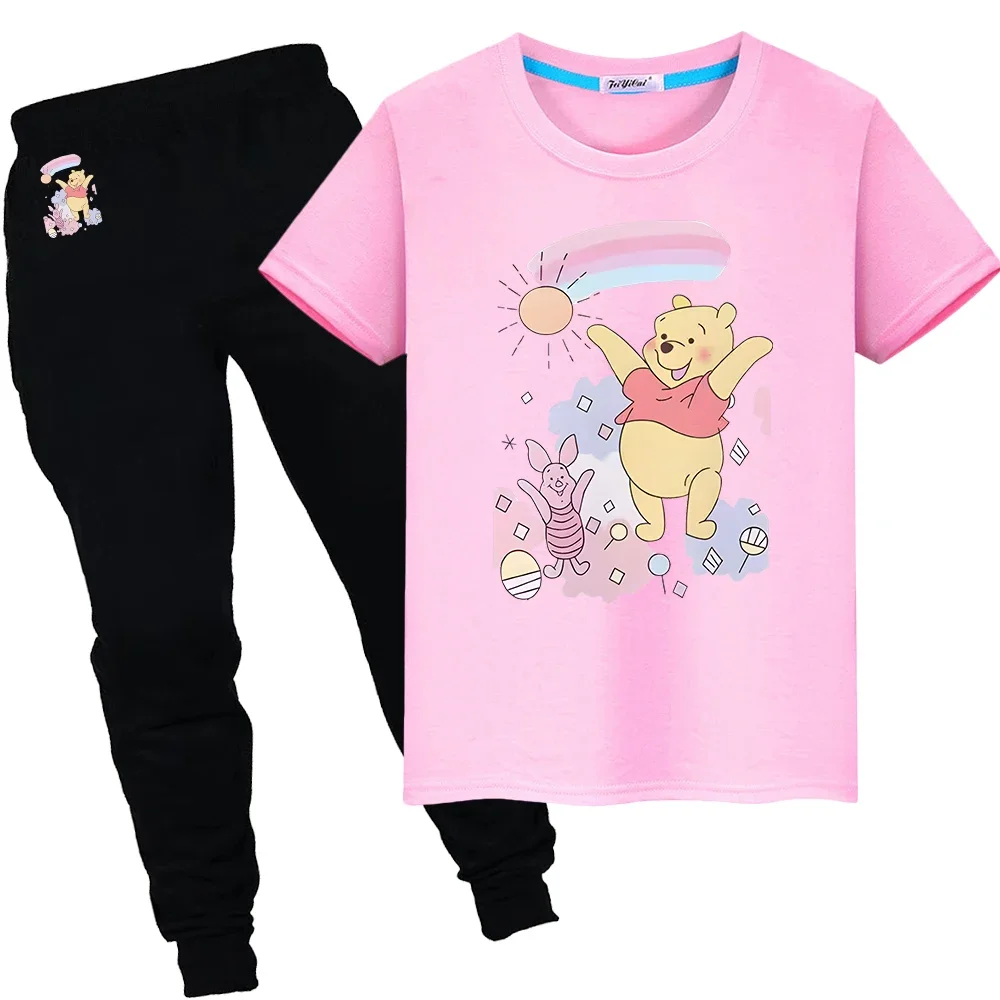 

Pooh Bear Print 100%Cotton Kawaii T-shirt boys girls clothes Cute Tshirts Summer Sports Sets Disney Short+pant kid holiday gift
