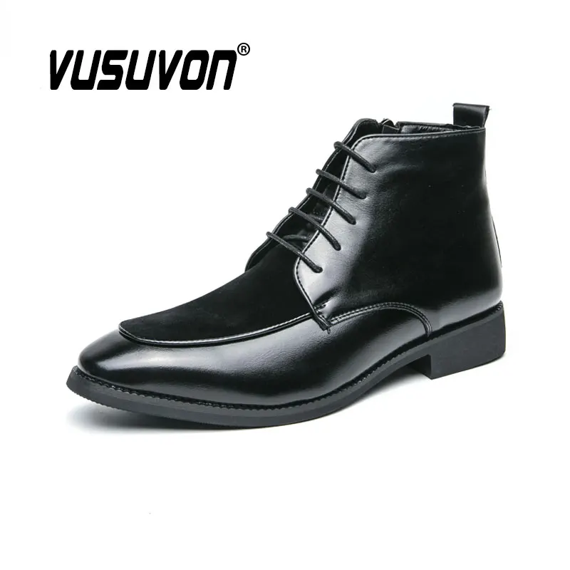 Men Boots Fashion Dress Casual Derby Shoes Lace-Up Motorcycle Black Winter Autumn Party Business Boys Big Size 38-46