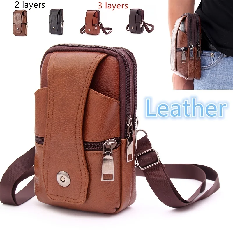 1pc Fashion Men's PU Leather Fanny Pack, Multifunctional Large Capacity Brown Shoulder Bag