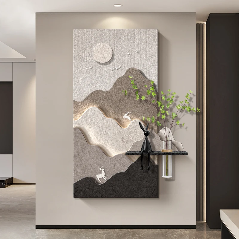Modern light luxury entrance decoration with a mountain backed three-dimensional sandstone corridor and corridor hanging paintin