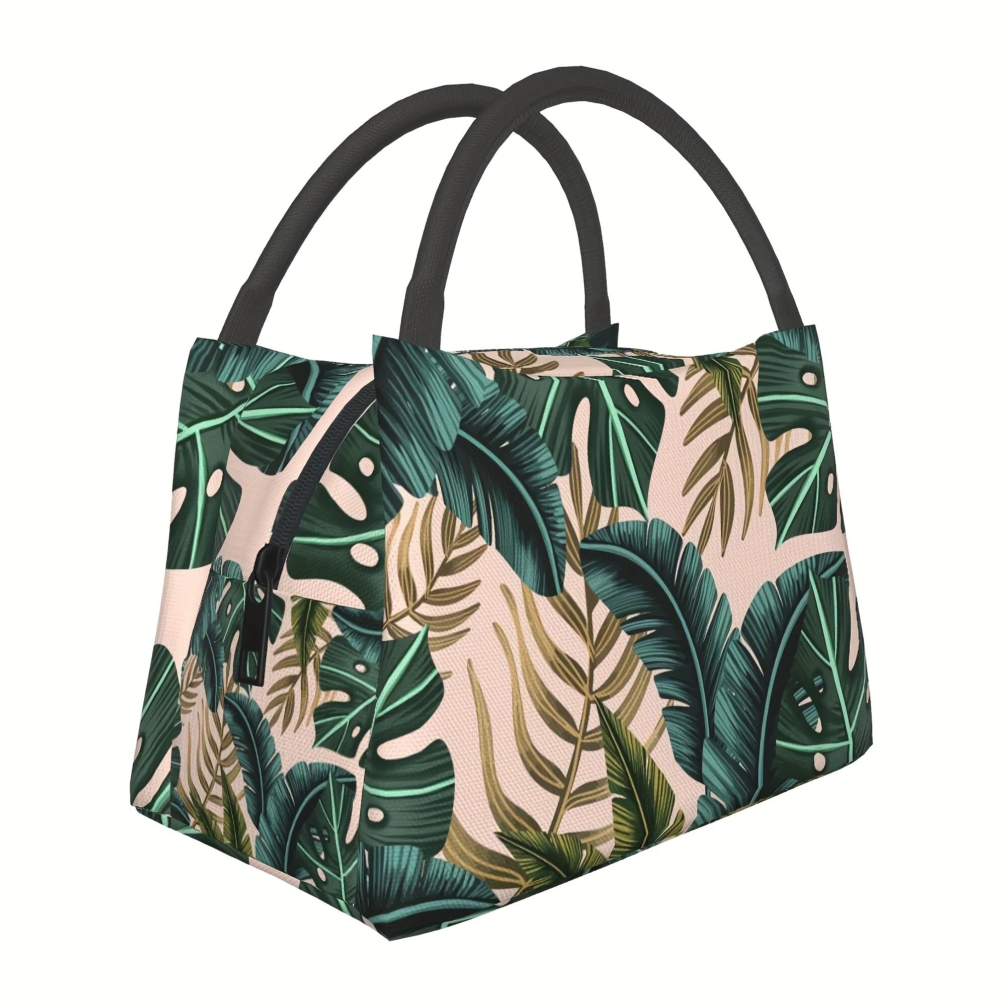 

Tropical Leaf Print Insulated Lunch Bag Reusable Polyester Lunch Tote for Office Picnics Hiking Beach