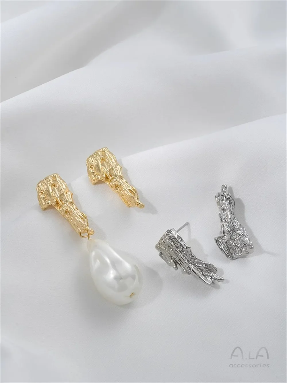 14K Gold Wrapped Tree Stump Shaped Lava Column with Hanging Earrings 925 Silver Needle DIY Handmade Pearl Ear Jewelry Material