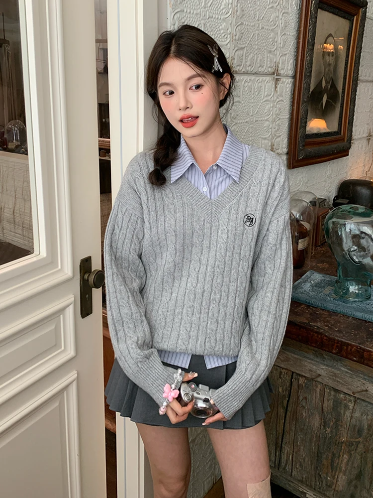 

Tokyo Annual Record JK Knitted ey Sweater Jaet Lazy School Sle Thin Early Autumn New Sle Overhead Knitted irt