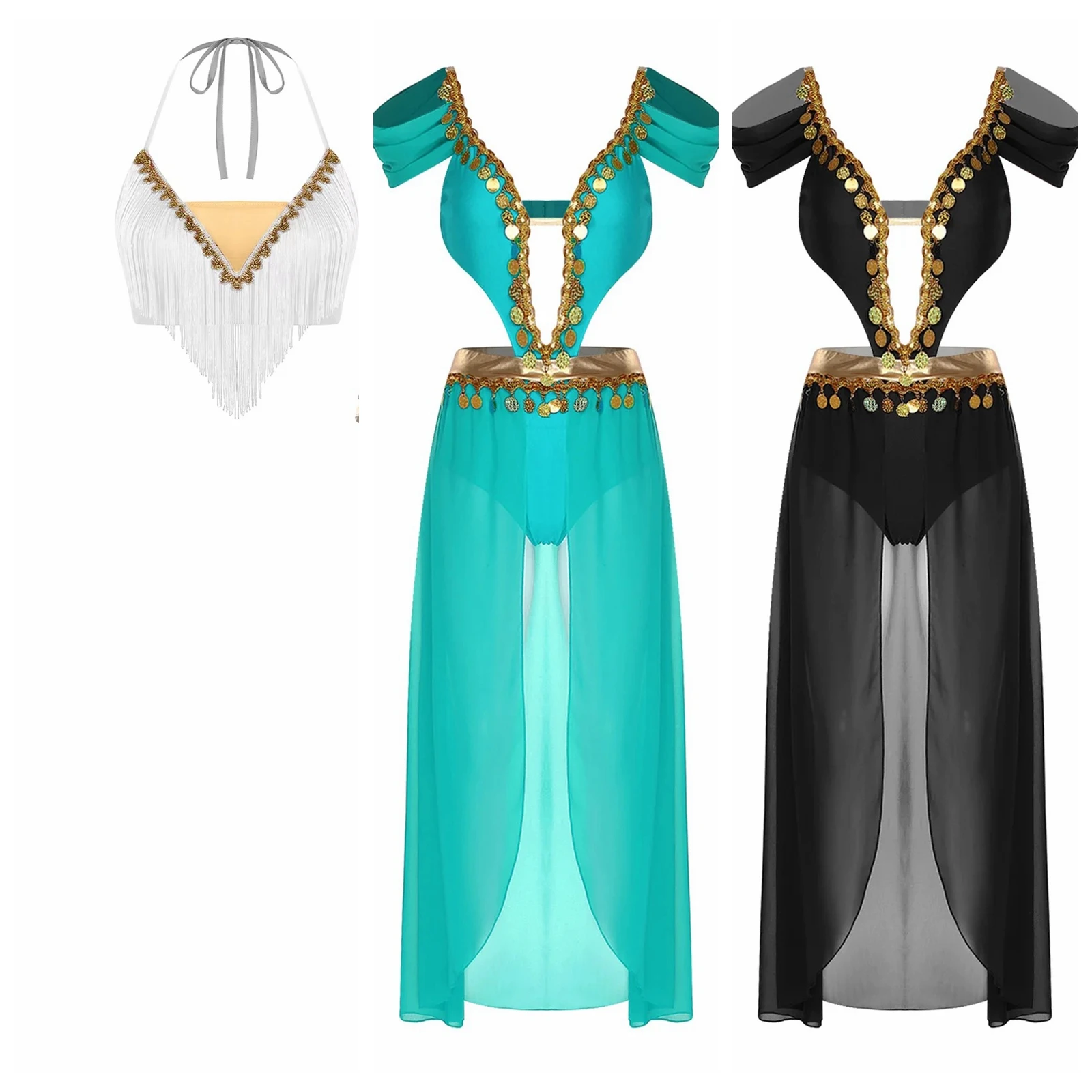 

Women Tassel Slit Skirt Outfit Belly Dancewear Adults Belly Dance Costume Oriental Ethnic Outfit Bra Top Fringed Halter Tops