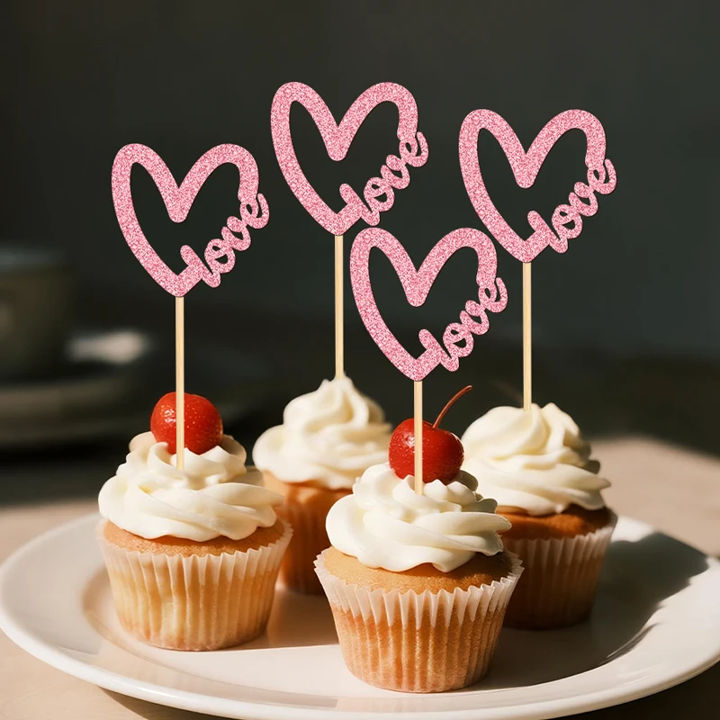 YOMDID 24 Stück Cupcake-Topper mit Liebesherz, glitzernde Liebeskuchen-Topper für Valentinstag, Geburtstag, Party, Kuchendekoration, Zubehör