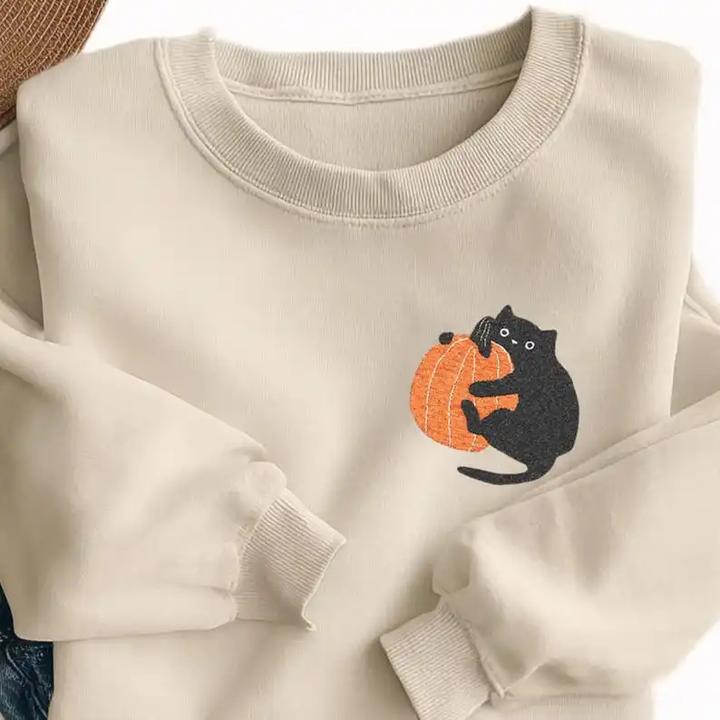 

Embroidered Black Cat Pumpkin Sweatshirt Retro Vintage Sweatshirt Graphic Hoodies Y2K Casual Daily Wear Unisex Halloween
