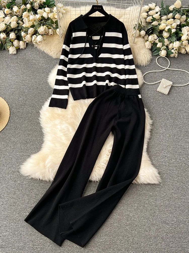 Croysier Pants Sets 2023 Tie Lapel Loose Striped Pullover And High Waist Trousers Set Women Casual Sweater Knit Two Piece Set