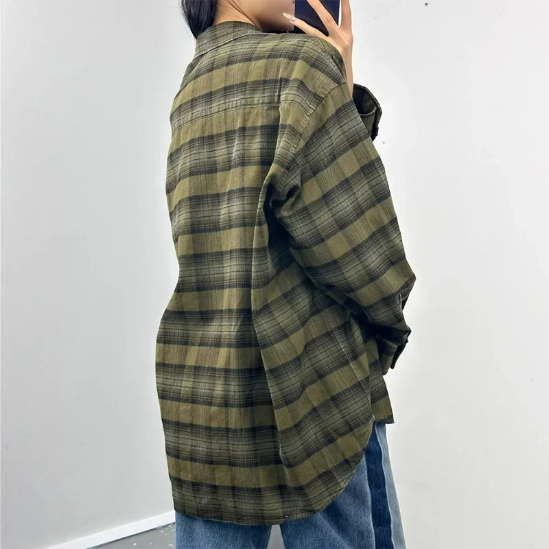 American Retro Plaid Shirts Women Cotton Spring Autumn Commuting Leisure Loose Long-sleeved Tops Lapel Blouses Single Breasted