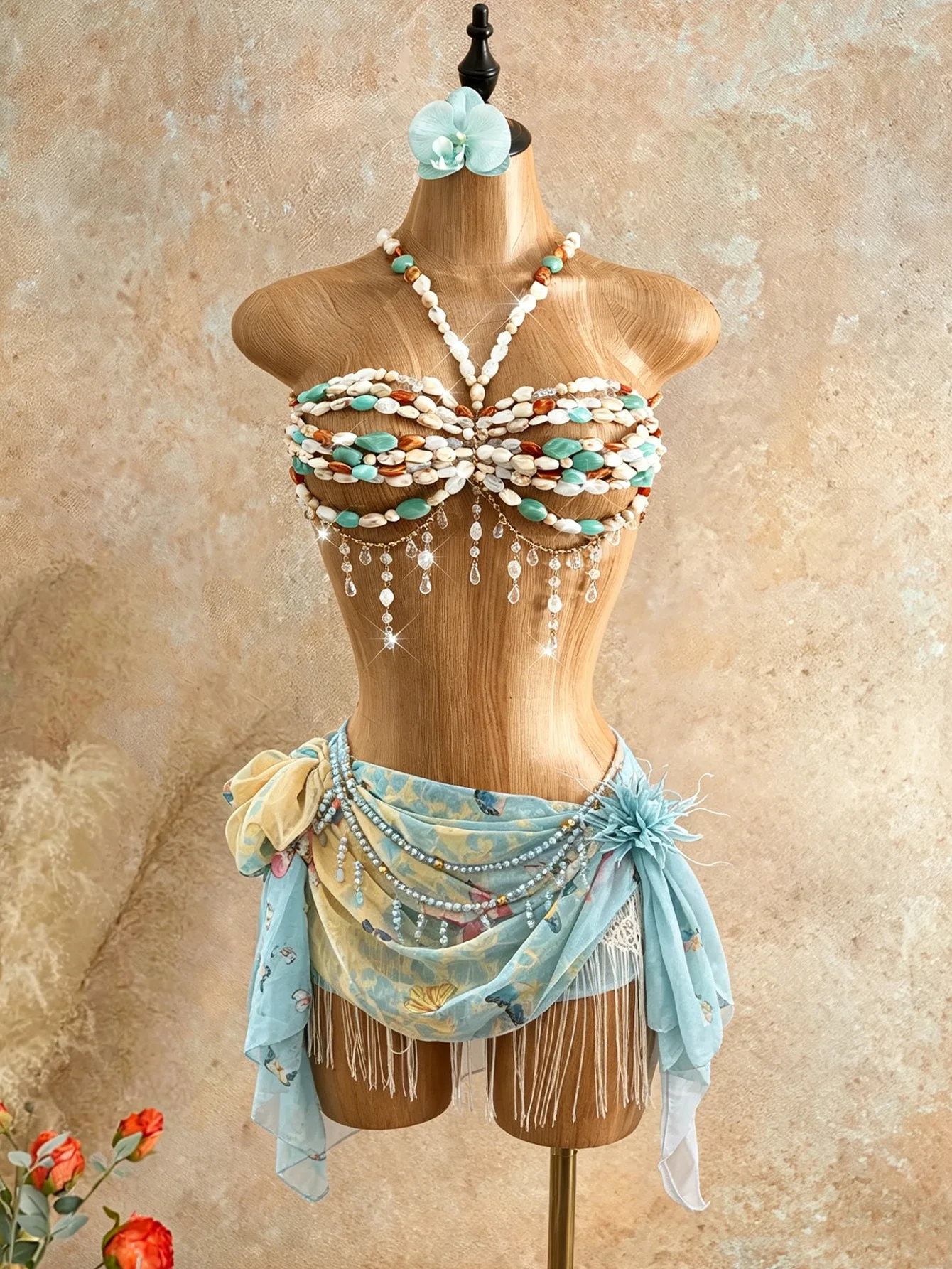 

European and American Bohemian Shell Turquoise Corset Style Body Chain Multi layer Crystal Tassel Beach Bikini Accessories