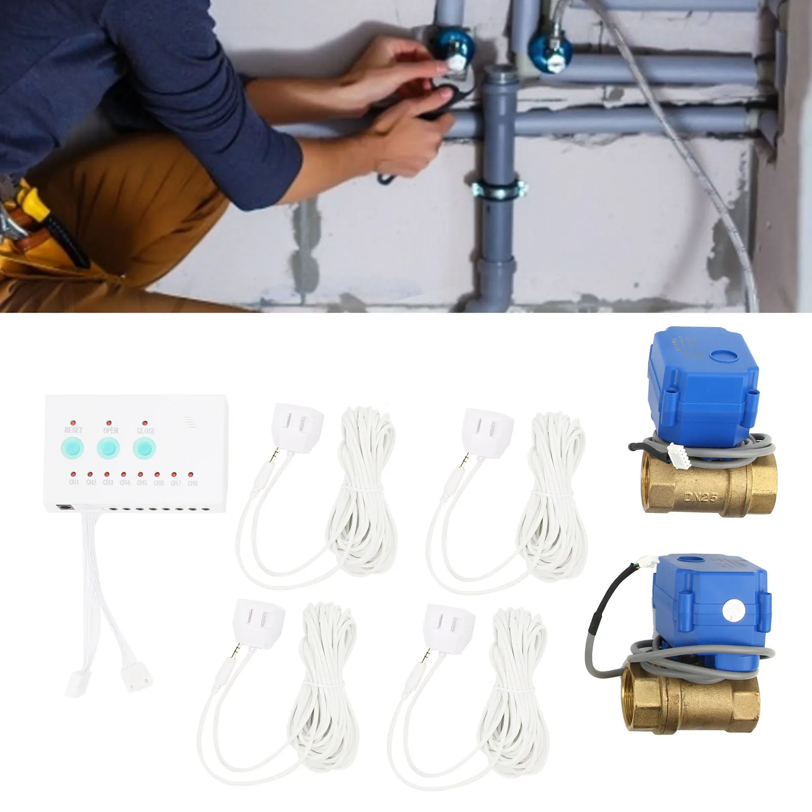 2 วาล์ว 8 ทิศทางรั่วเซ็นเซอร์ DN25 วาล์วเซ็นเซอร์น้ํารั่ว ALARM SENSOR DN25 2 วาล์ว 8 WAY Overflow เครื่องตรวจจับระบบ