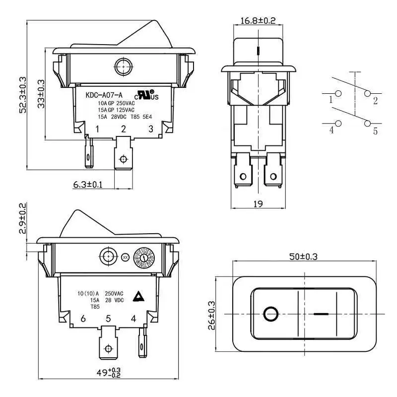 KDC-A07 Bilanciere 4 Pin 2 Posizioni SU OFC 10A 15A DPST Auto Barca Nero Interruttore a levetta KDC