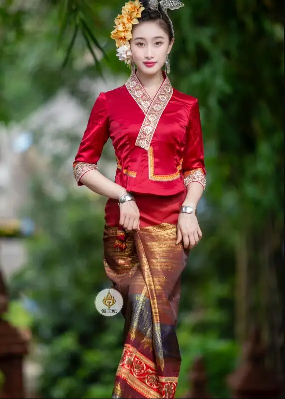 Chinese Dai Ethnic Traditional Dress Daily Work Welcome Clothing Women's Suit Thailand Spring