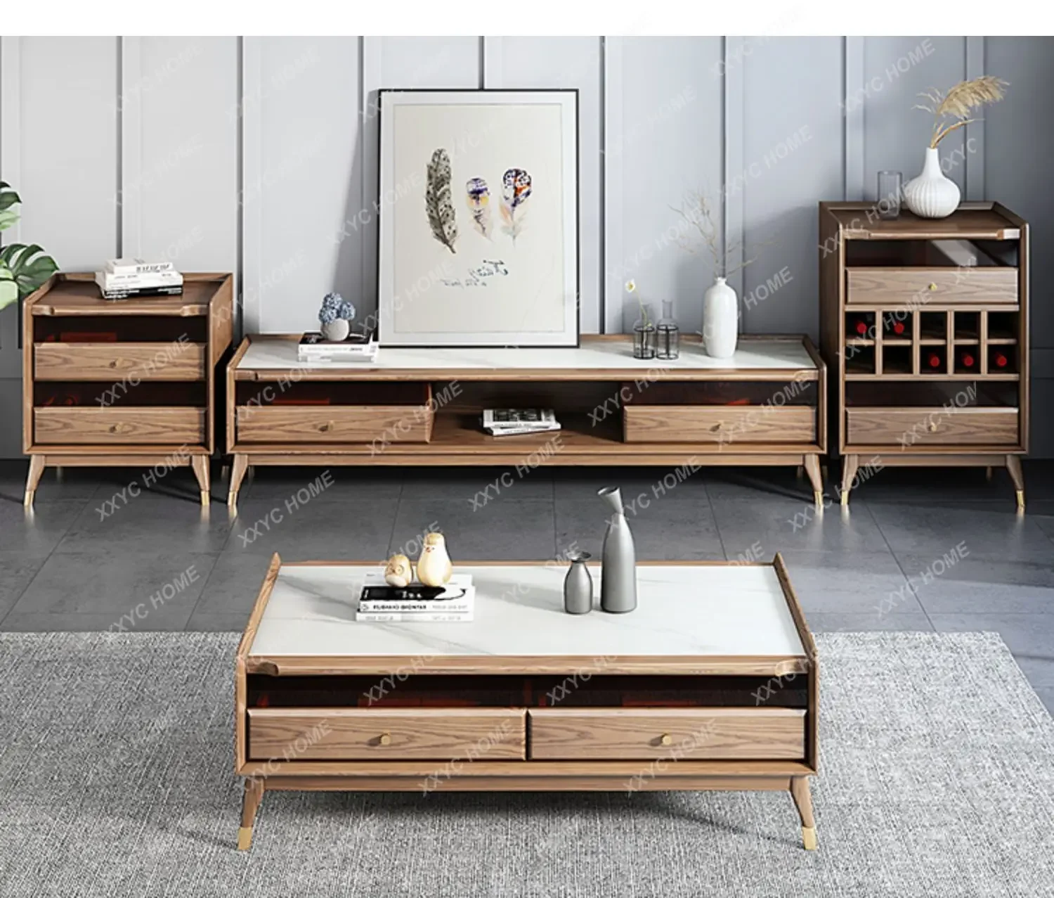 XL solid wood rock slab embedded coffee table TV cabinet combination living room new Chinese tea table