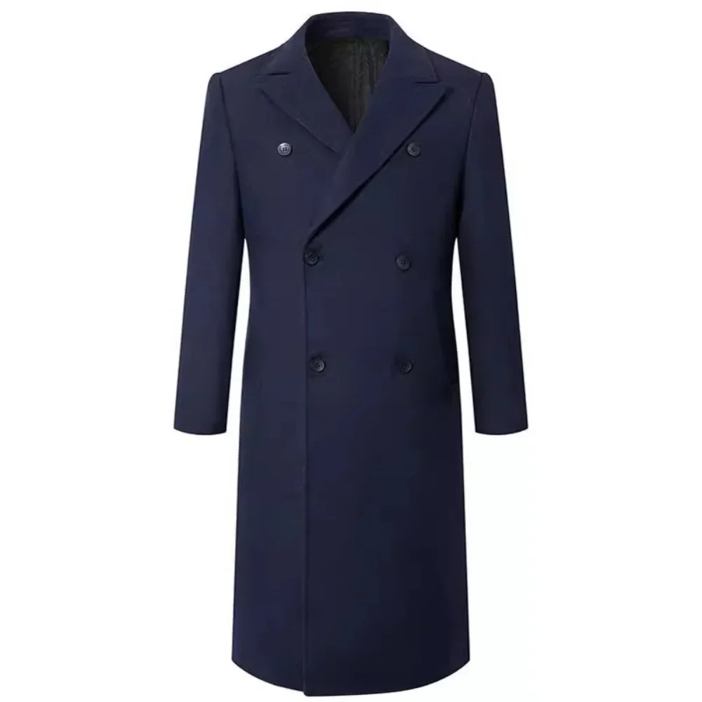 Autumn and winter thickened cotton clip extra long knee length woolen coat, men's double breasted slim fit trench coat