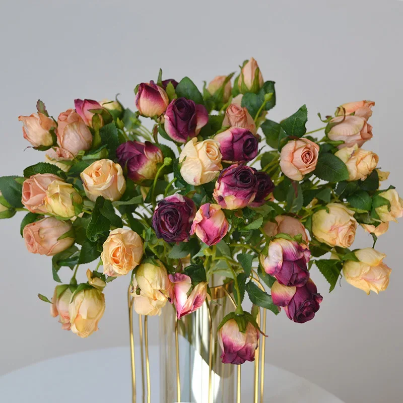 50CM Retro Burnt Edge 7-head Rose Artificial Flower Wedding Bouquet Home Decoration Flower Arrangement  Simulation Dry Flower