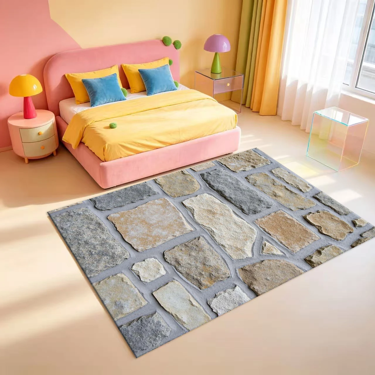 Rustic Irregular Stone Wall Rock Texture Carpet Flooring Country Industrial Style Area Rug For Indoor Home Floor Cover