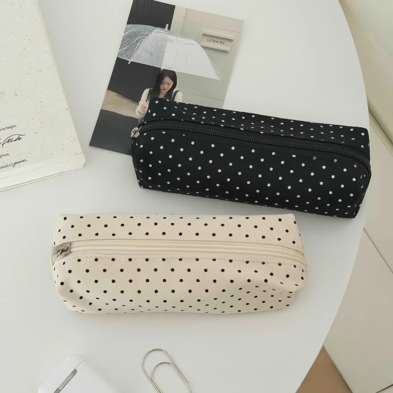 Polka Dot Pencil Case Black Large Capacity Pencil Pouch Zipper Stationery Storage Bag for Students School Office Travel Supplies
