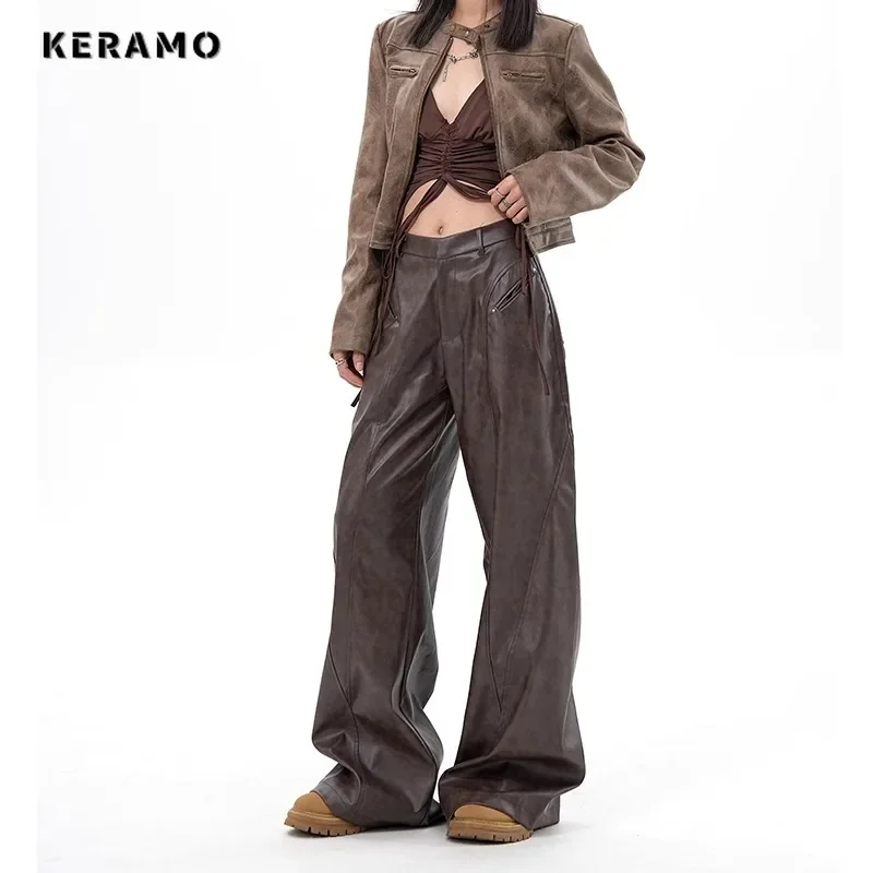 2023 Winter Vintage Casual Solid Color High Waist Wide Leg Leather Pants Women's Fashion Loose Retro Full Length Trousers