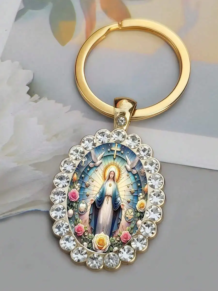 

Elegant Virgin Mary Oval Glass Keychain With Crystal Rhinestones For Mothers Day Christmas Teacher Gift