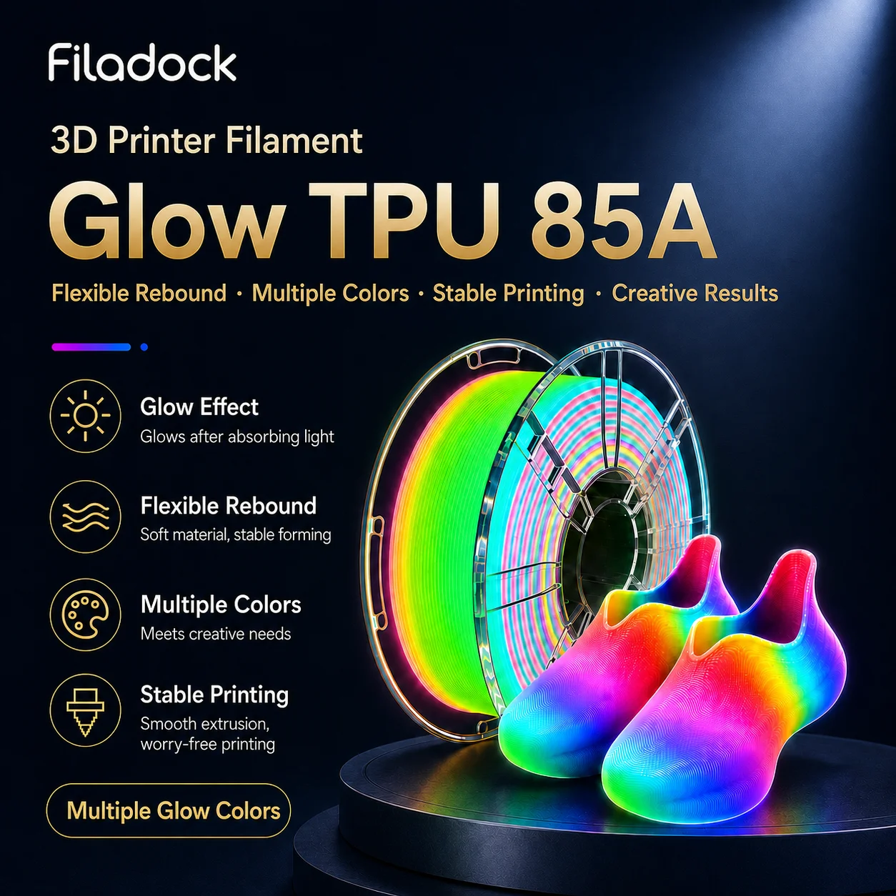 Филамент Filadock Glow Rainbow TPU 85A, 1.75 мм, ультрамягкий, гибкий, светящийся TPU для подошв обуви, RC-шин, косплея, FDM-печати, 1 кг