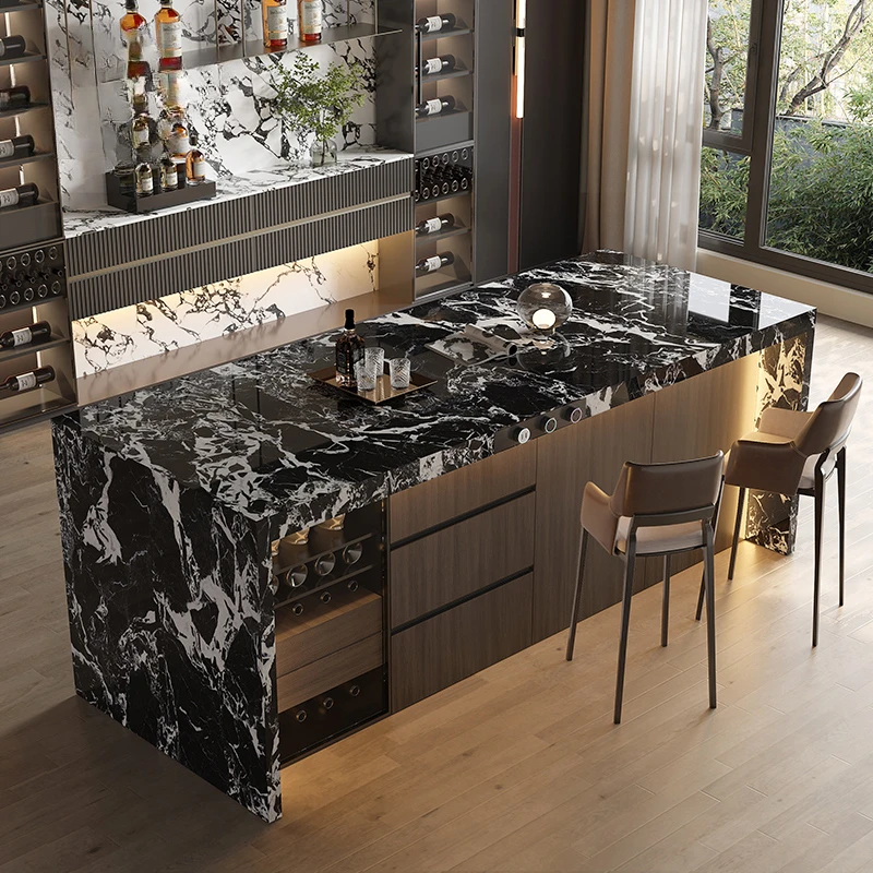 Rock slab island dining table integrated small apartment home open kitchen western kitchen