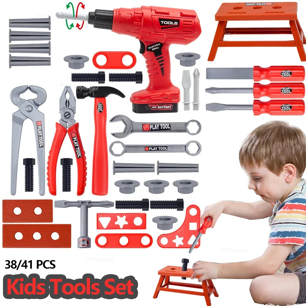 38/41 PCS Pretend Tools Kit Kinder spielen Reparaturwerkzeug-Set Kunststoff Konstruktionsspielzeug mit Schraubendrehern für Kleinkinder Jungen Mädchen Kind