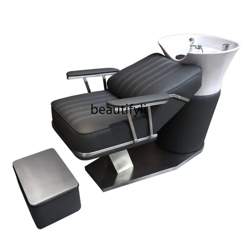 xx1Barber Shop Shampoo Chair Lying Half Flushing Bed High-End Hairdressing Shampoo Chair Stainless Steel Ceramic