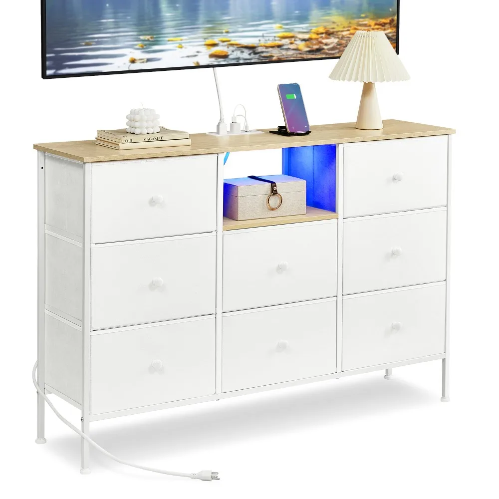 

Dresser for Bedroom, Fabric Dresser with Power Outlets and LED Lights, TV Stand for up to 60 Inch TVs